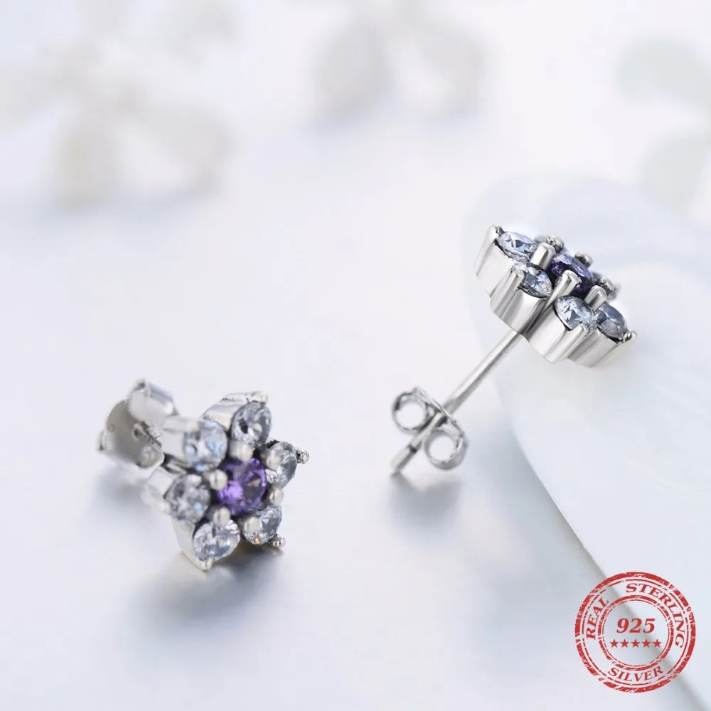 925 Silver Purple Crystal Flower Stud Earrings