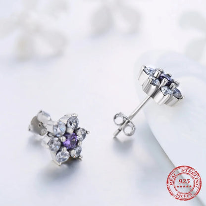 925 Silver Purple Crystal Flower Stud Earrings