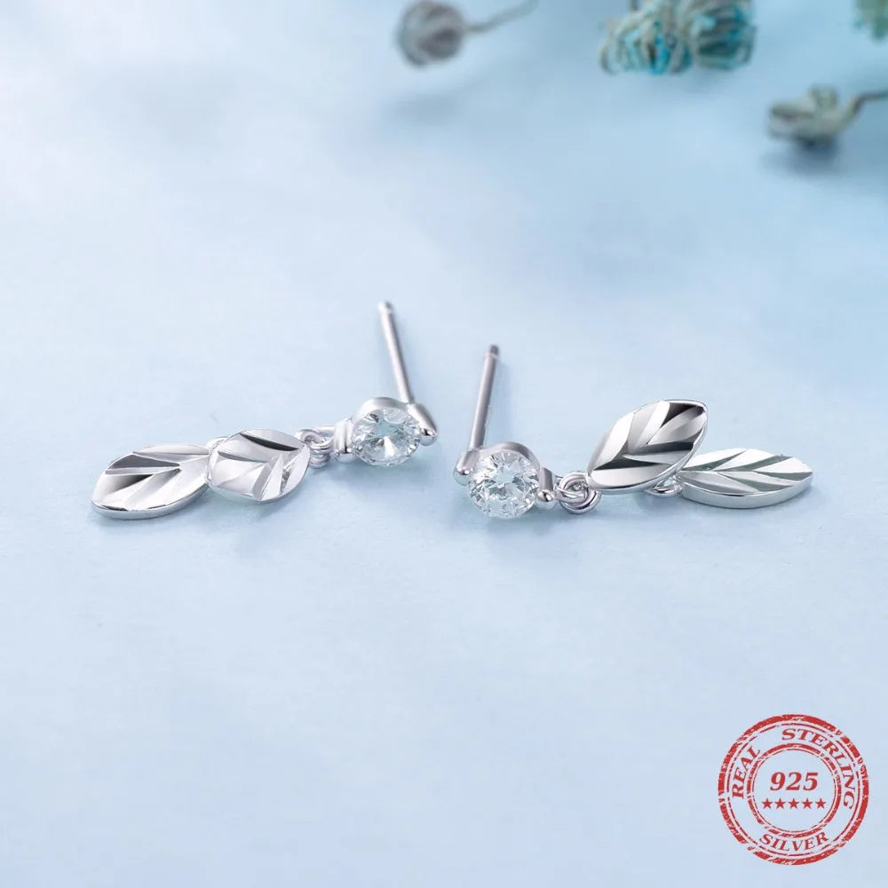 Tree Leaf CZ Swing Stud Earrings