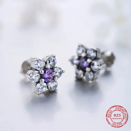 925 Silver Purple Crystal Flower Stud Earrings