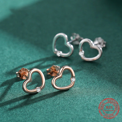 Sterling Silver Rose Gold Heart CZ Stud Earrings