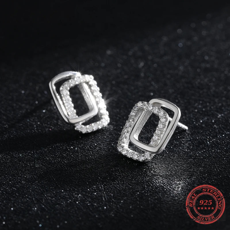 Genuine 925 Silver Geometric CZ Stud Earrings