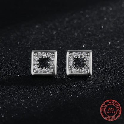 Sterling Silver Hollow Square Zircon Stud Earrings