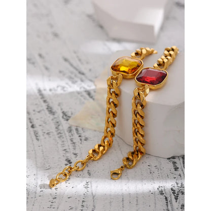 18K Gold Chain Bracelet with Red Cubic Zirconia