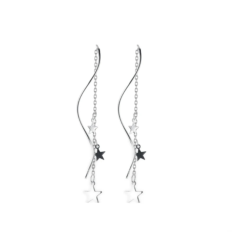 Silver color star earrings with gentle swing in a droopy earrings style