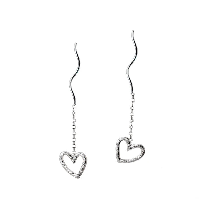 Vintage frosted heart long chain drop earrings in silver color