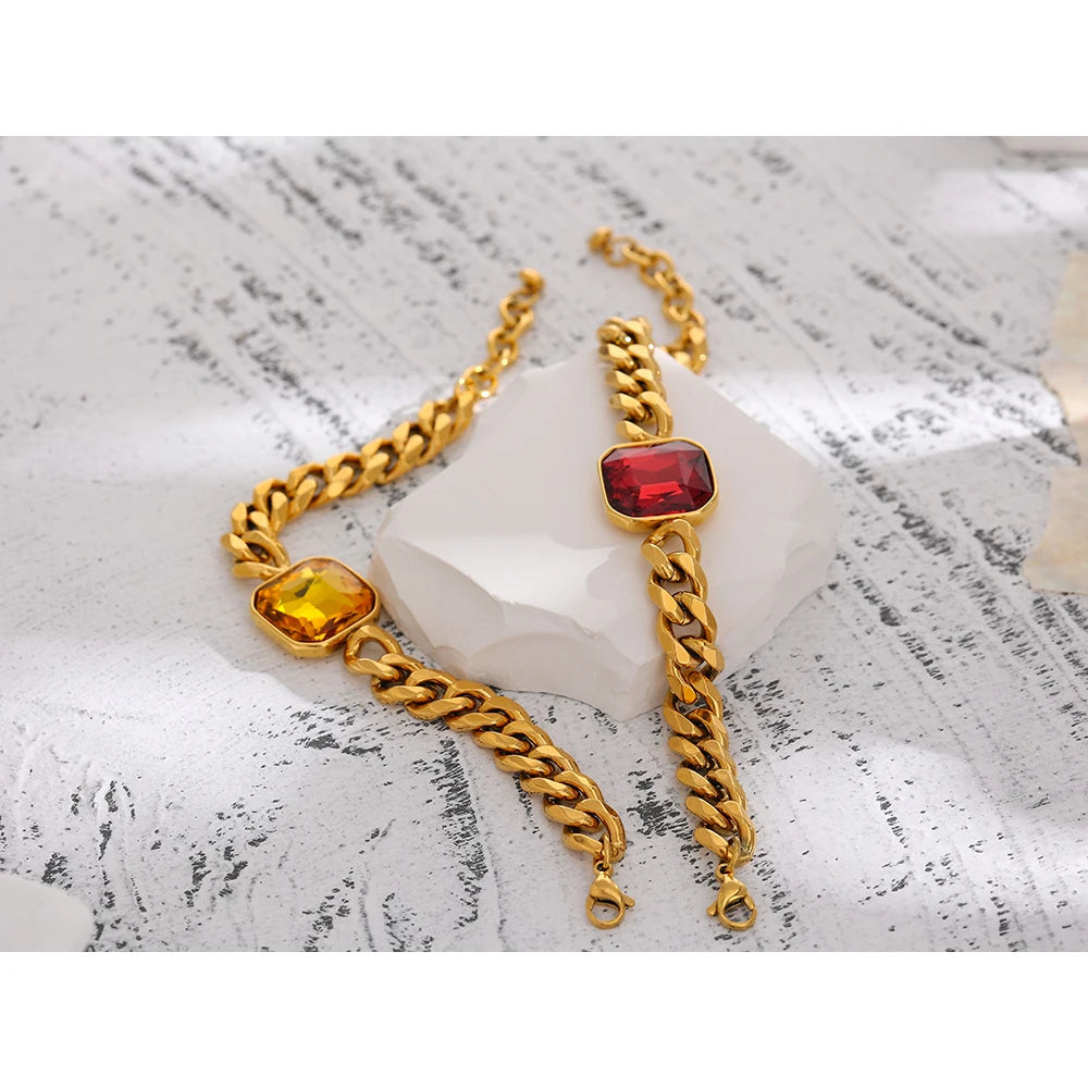 18K Gold Chain Bracelet with Red Cubic Zirconia