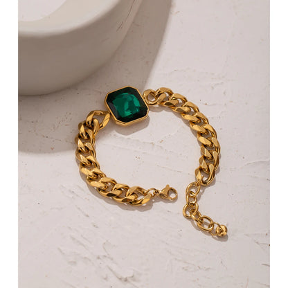 Green Crystal Thick Chain Bracelet in Gold