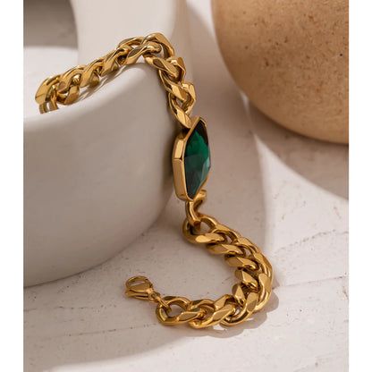 Green Crystal Thick Chain Bracelet in Gold