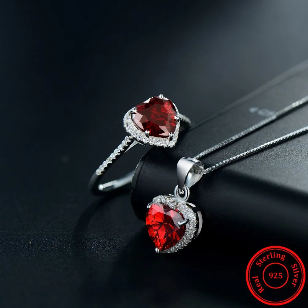 Sterling Silver Red Heart Ring and Necklace Set