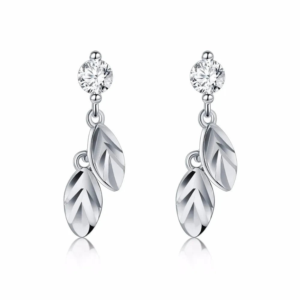 Tree leaf swing stud earrings with clear cubic zirconia and silver color finish