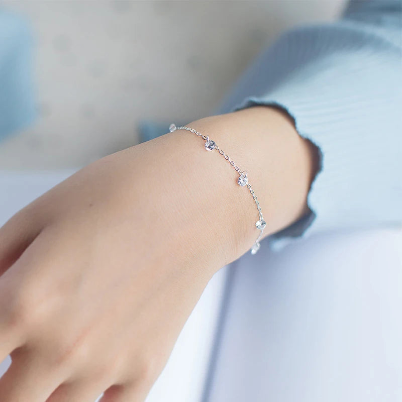 Sterling Silver Chain Bracelet – Shining Clear CZ Lobster Lock Jewelry for Women