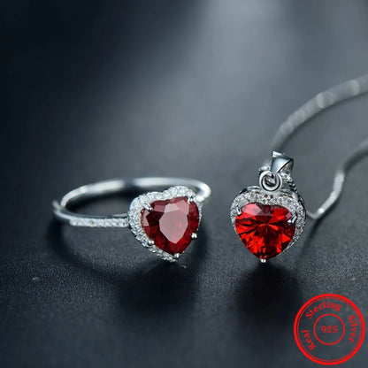 Sterling Silver Red Heart Ring and Necklace Set