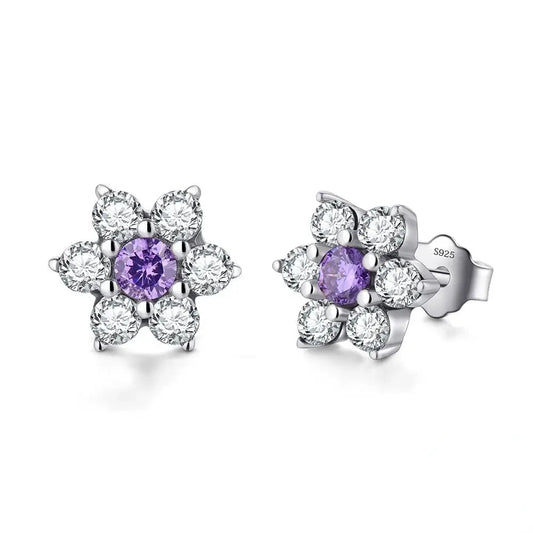 925 Silver Purple Crystal Flower Stud Earrings