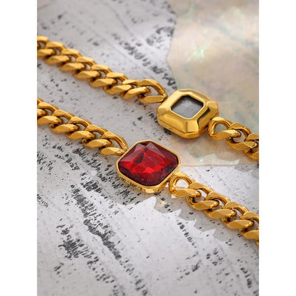 18K Gold Chain Bracelet with Red Cubic Zirconia