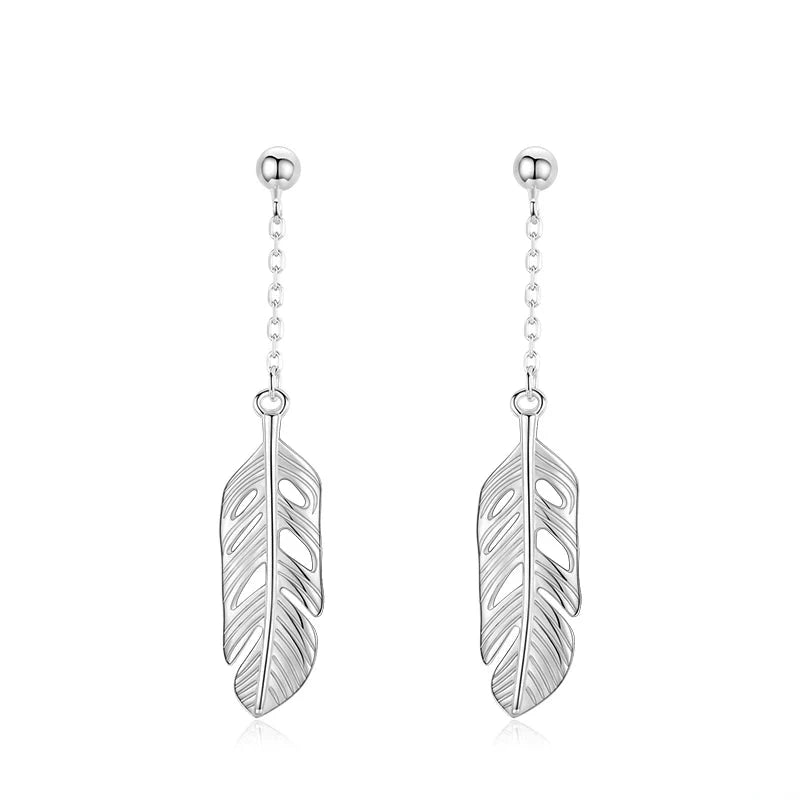 Silver color long earrings with leaf earrings detail in a drop earrings style