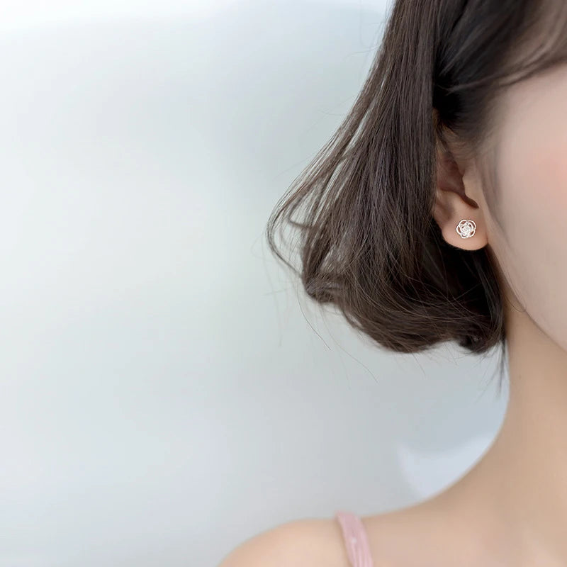 Romantic floral rose design sterling silver studs