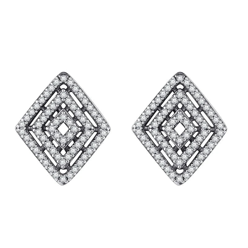 Sterling Silver Retro CZ Rhombus Stud Earrings