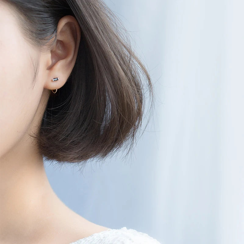 Obsidian Rectangle Silver Hoop Earrings with Dark Gem