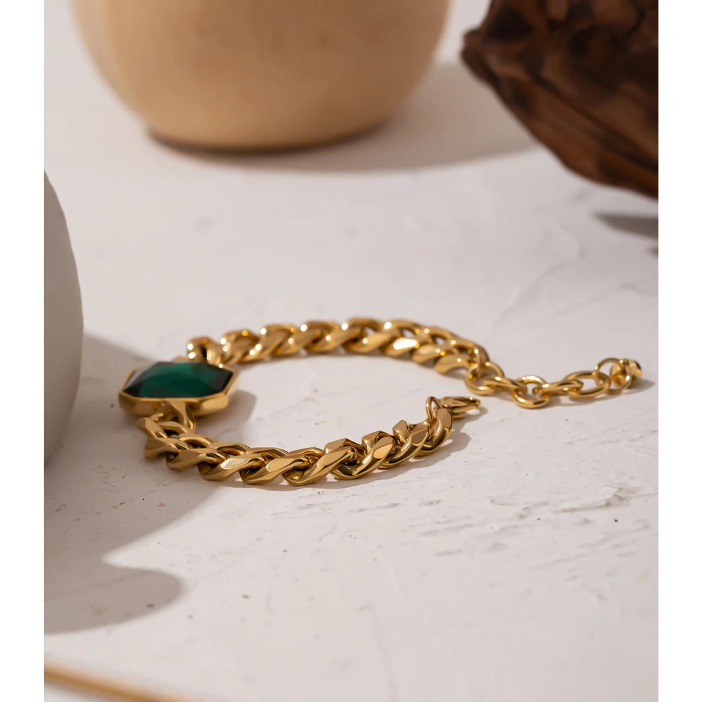 Green Crystal Thick Chain Bracelet in Gold