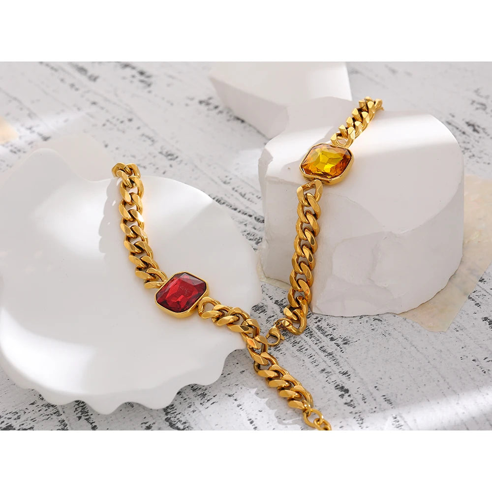 18K Gold Chain Bracelet with Red Cubic Zirconia