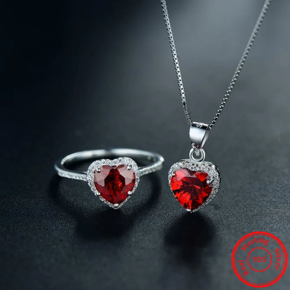 Sterling Silver Red Heart Ring and Necklace Set