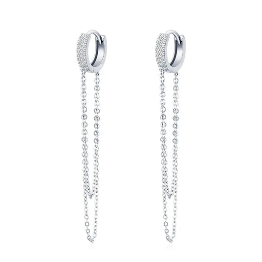 Sparkling Clear CZ Long Tassel Hoop Earrings