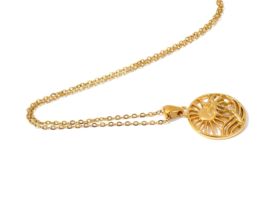 gold plated stainless steel necklace round pendant beach inspired for women