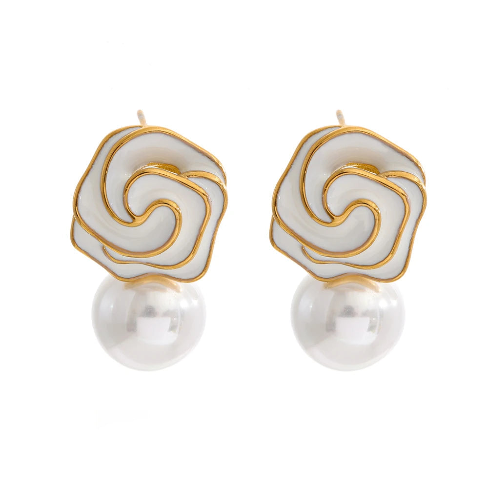 White yellow enamel flower pearl stud earrings gold plated stainless steel