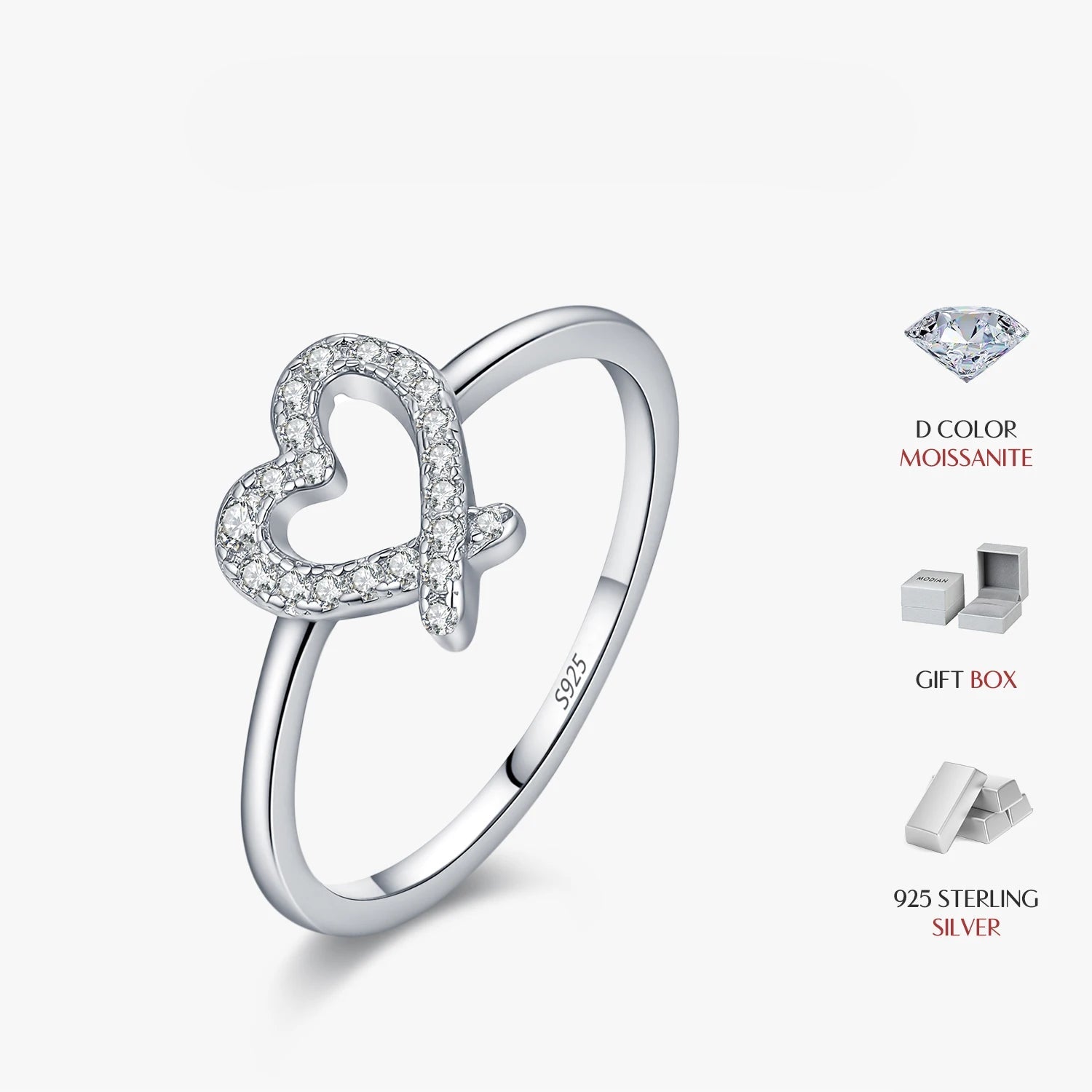 Women’s moissanite diamond ring with airy heart silhouette in silver