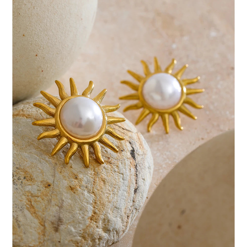 Sun stud earrings gold and pearl for women’s daily wear