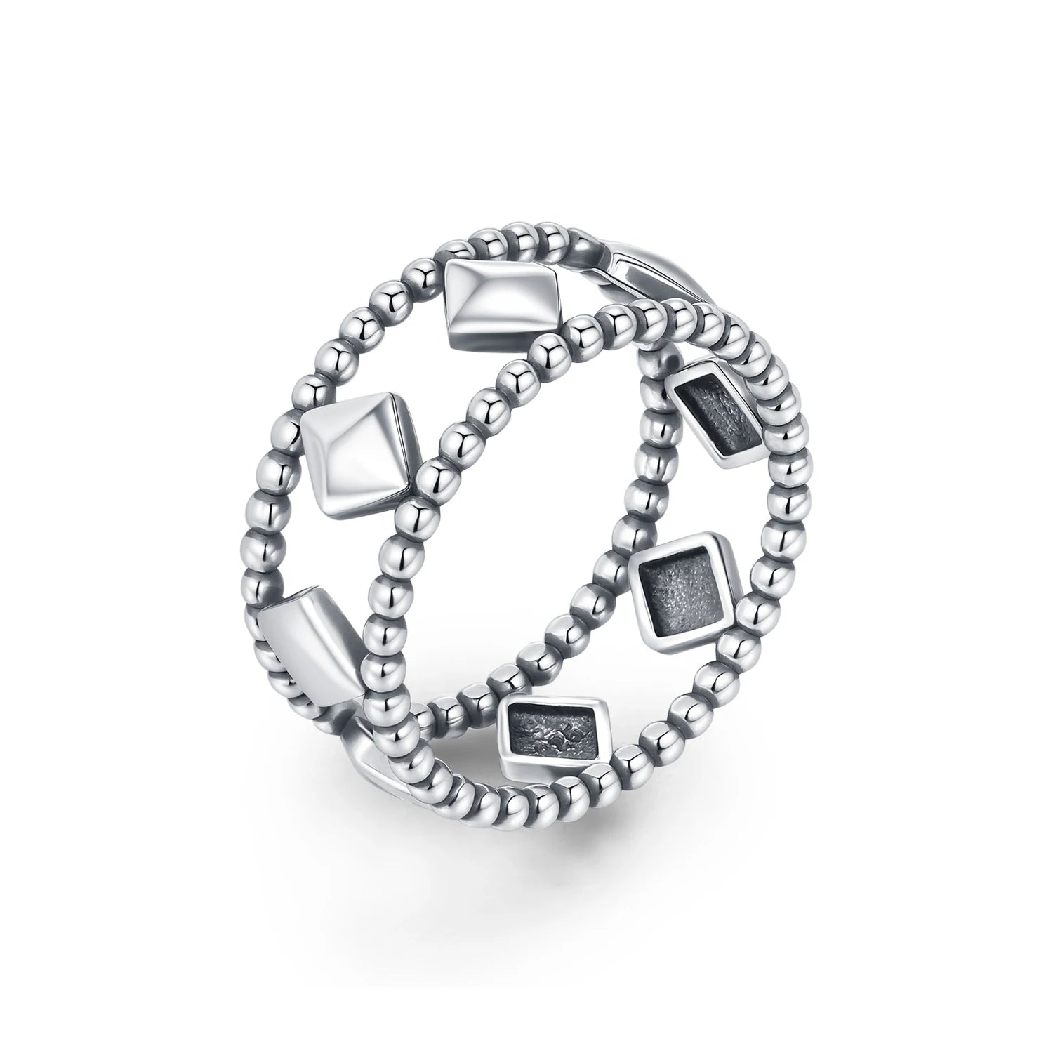 Ring with size set vintage lozenge bead silver finish