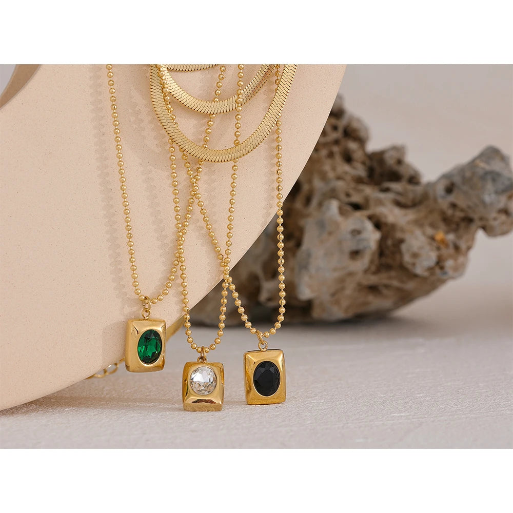 Double Chain Square CZ Pendant Necklace