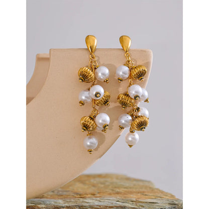 Vintage Pearl Bead Drop Earrings in Gold