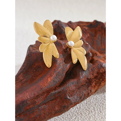 Flower Pearl Golden Stud Earrings