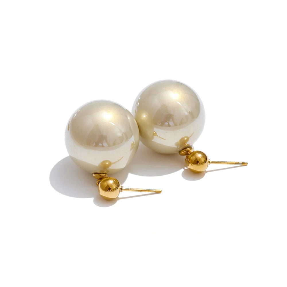 Gold plated large pearl round drop earrings in stainless steel