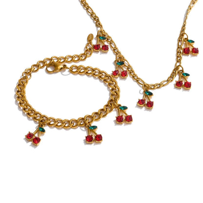 18K Gold Plated Cherry Drop Necklace & Bracelet Set