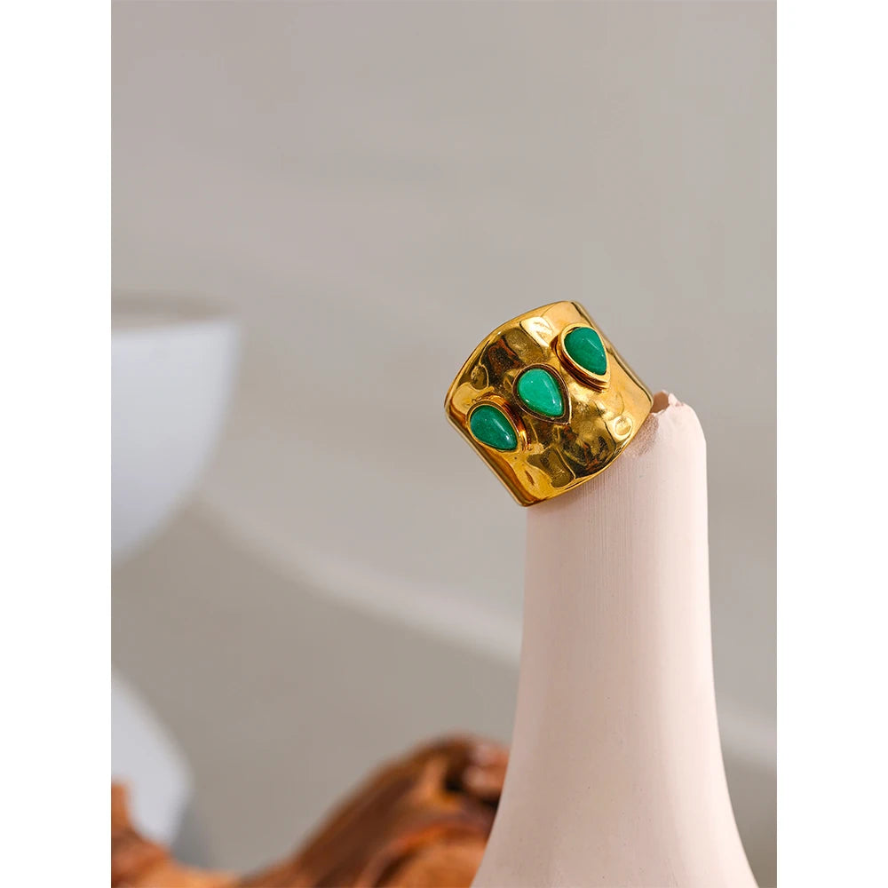 Green Stone 18K Gold Plated Wide Ring