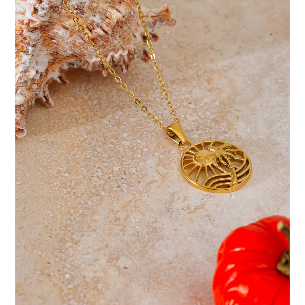 women’s gold plated stainless steel round pendant necklace sun coconut tree motif