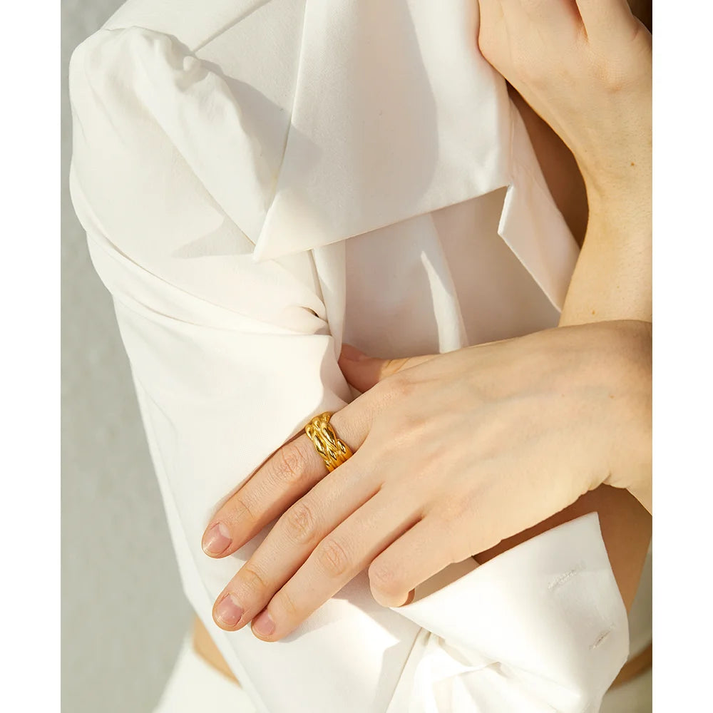 Waterproof 18K Gold Geometric Texture Ring