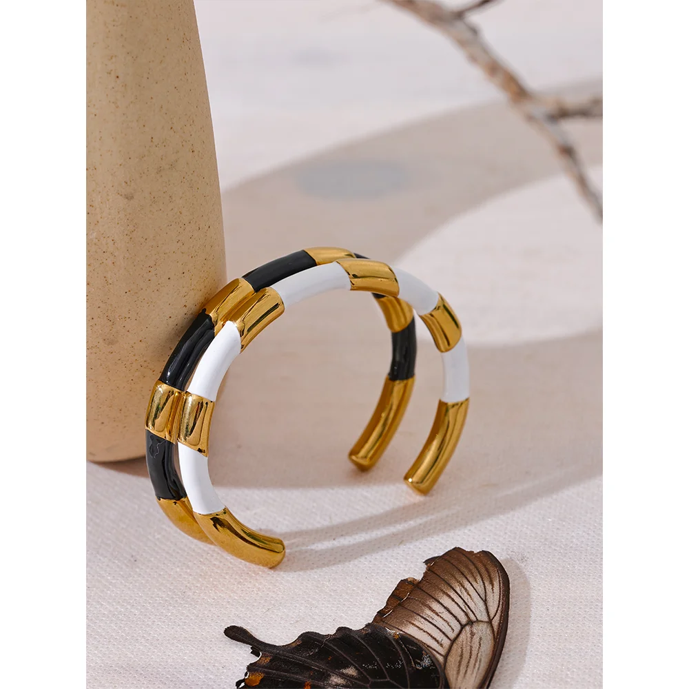 Black & White Enamel Open Cuff Bracelet in Gold