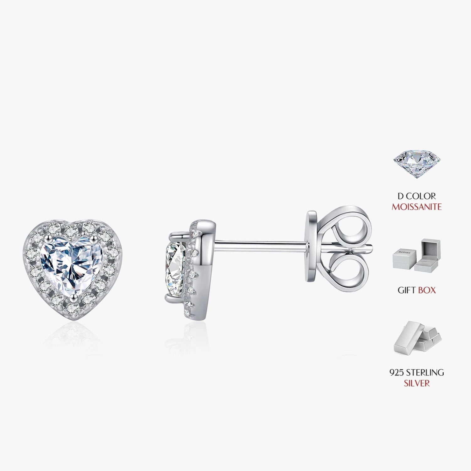 Close view of diamond earrings shaped as heart earrings with bright facets