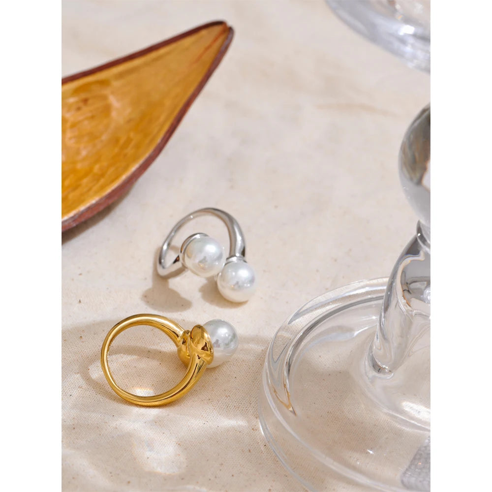 Adjustable Pearl Geometric Open Ring