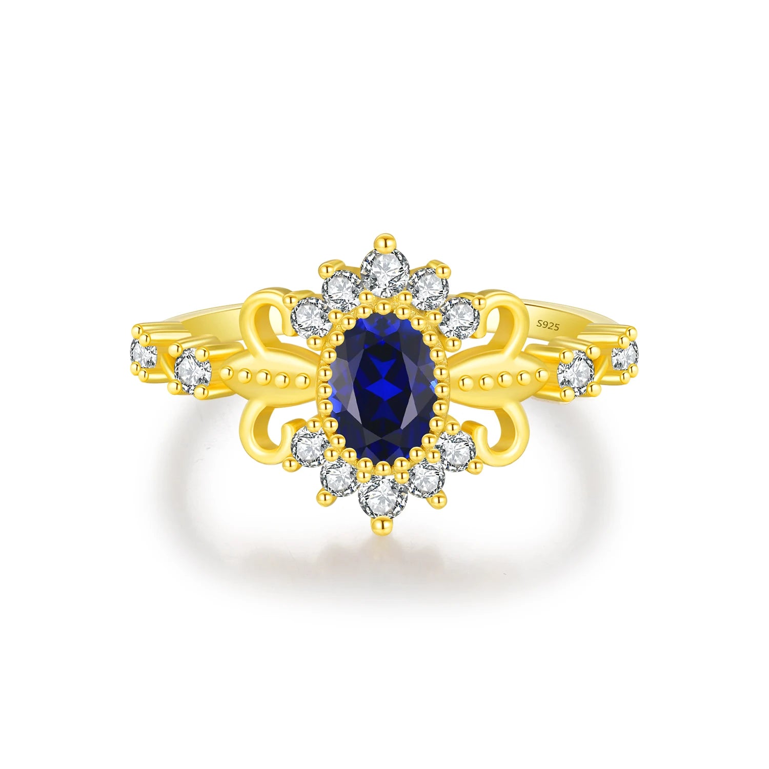 Crown charm ring in silver with blue oval gemstone detail