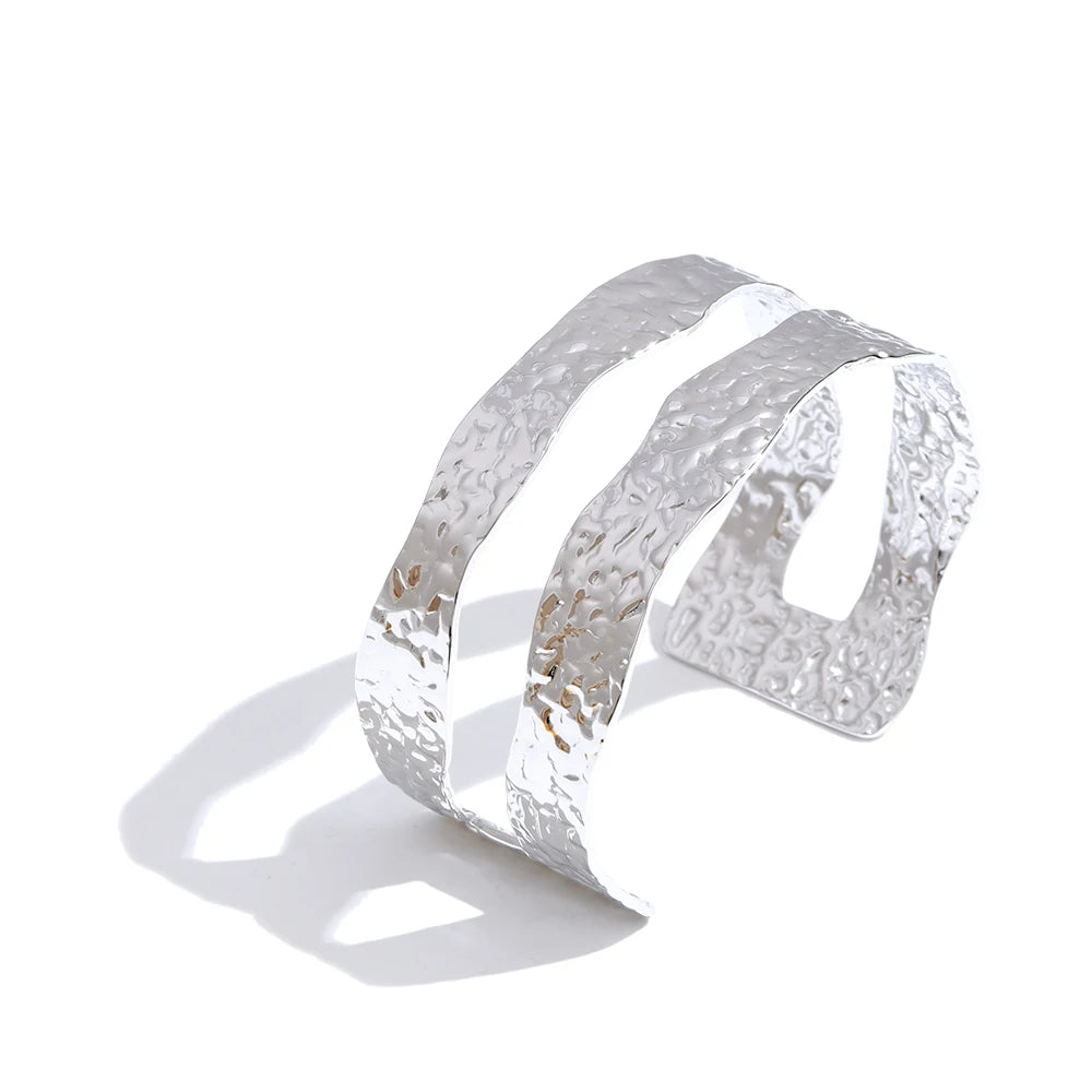 sleek gold cuff bracelet with double layer and hammered finish in stainless steel