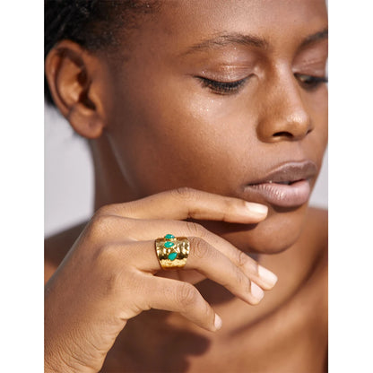 Green Stone 18K Gold Plated Wide Ring