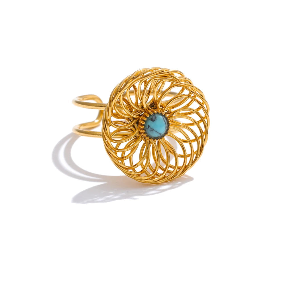 Adjustable natural stone flower ring in gold plated stainless steel jewelry for modern women