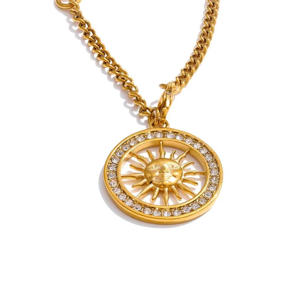 Zirconia sun hollow pendant necklace in gold plated stainless steel jewelry