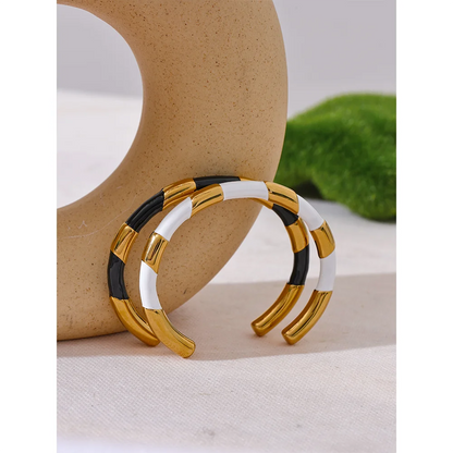 Black & White Enamel Open Cuff Bracelet in Gold