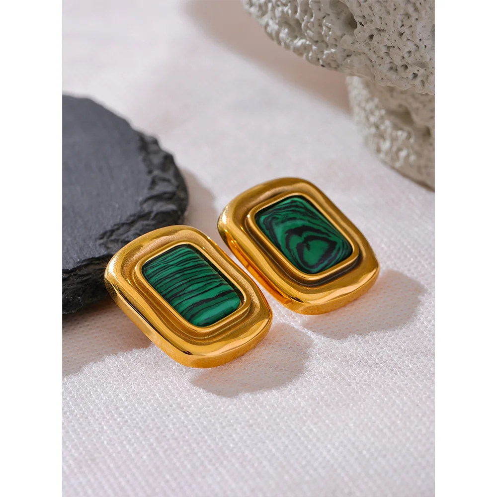 18K Gold Plated Square Malachite Stud Earrings